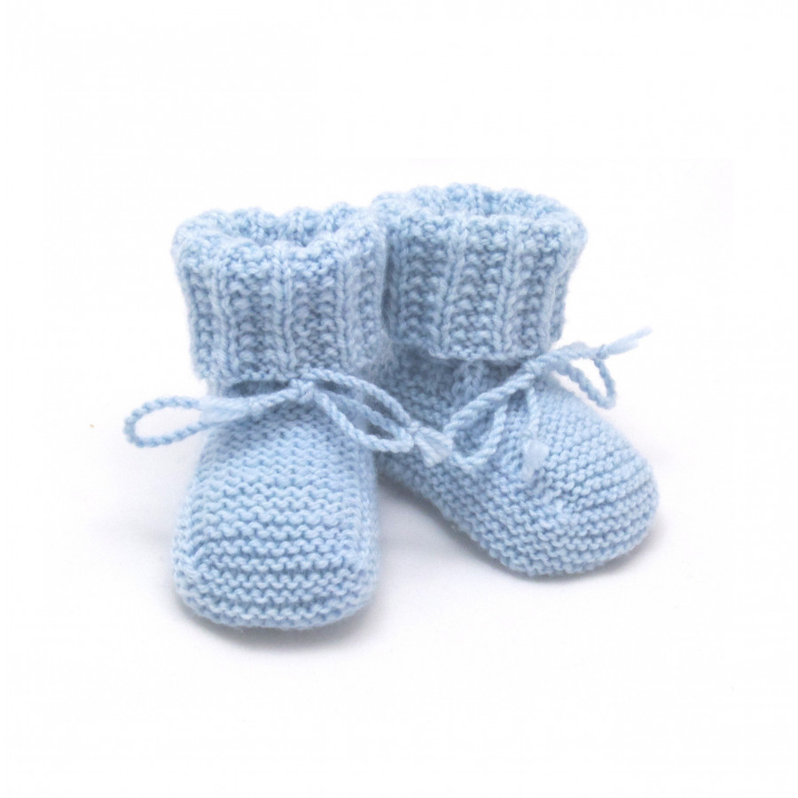 chaussons bébé bleu garçon tricotés à la main en 100% laine mérinos