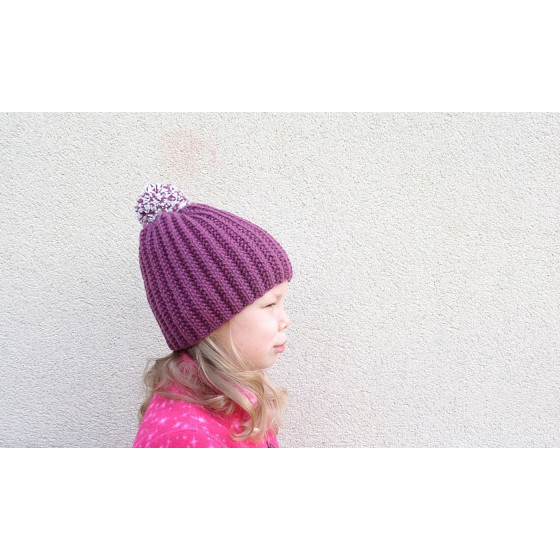 Bonnet prune à pompon chiné écru