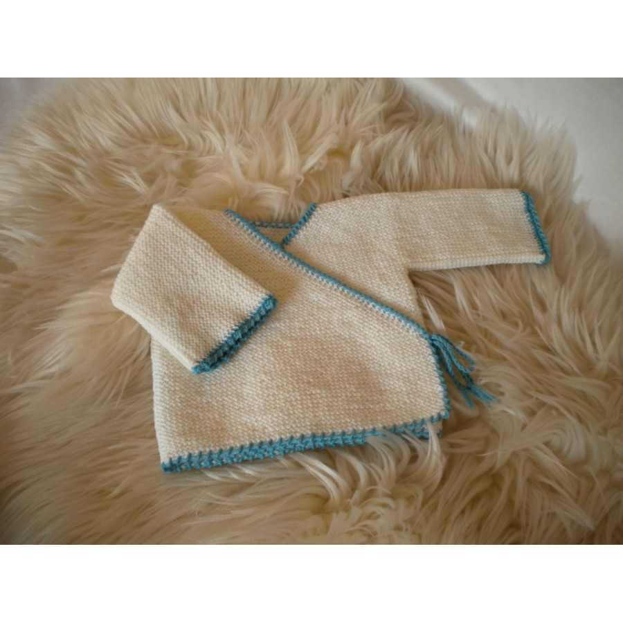 Brassière bébé laine blanc turquoise