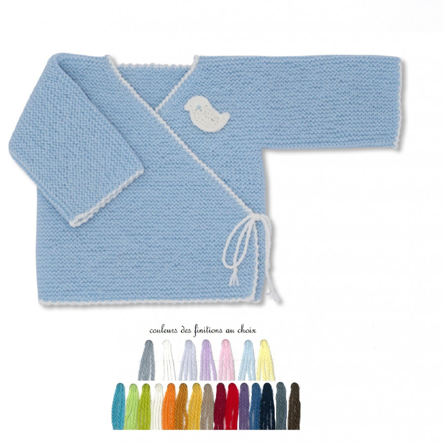Brassière bébé laine bleu ciel brodée Brassière bébé laine bleu ciel brodée